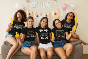 BIG DAY® Wedding / Bachelorette / Bachelor Party Collection - bachelorette party sitting on couch while wearing BIG DAY bachelorette party black t-shirts