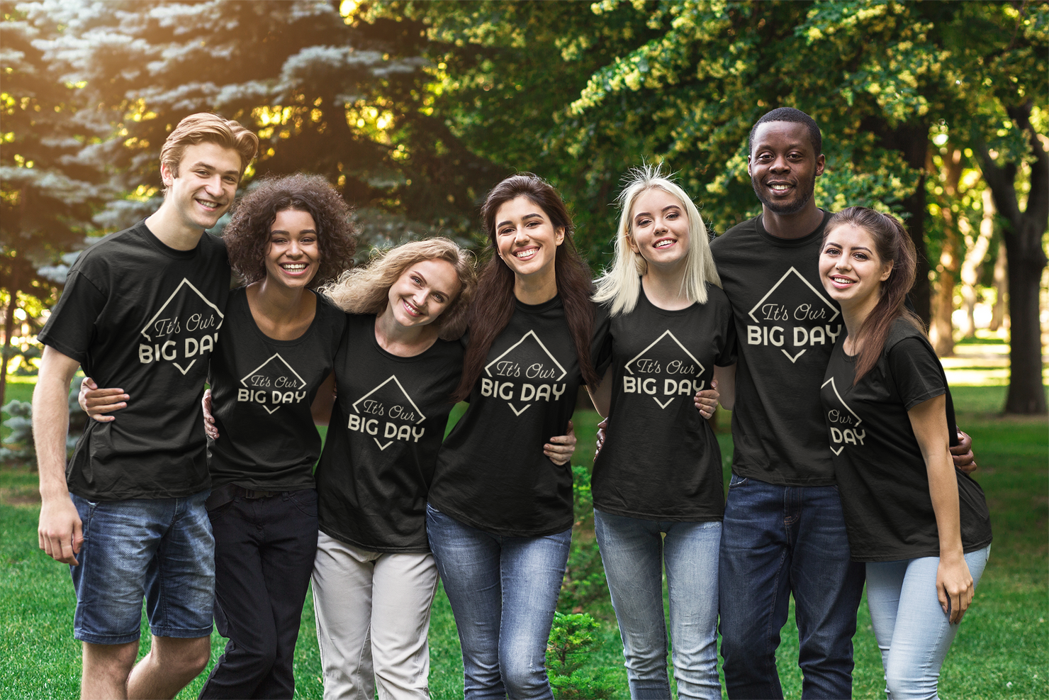 BIG DAY® Celebration Collection - Group of friends wearing It's Our BIG DAY black t-shirts
