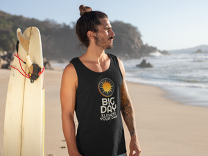 BIG DAY® Men's Tank Tops - man on beach with surf board wearing BIG DAY Elevate Your Day black tank top